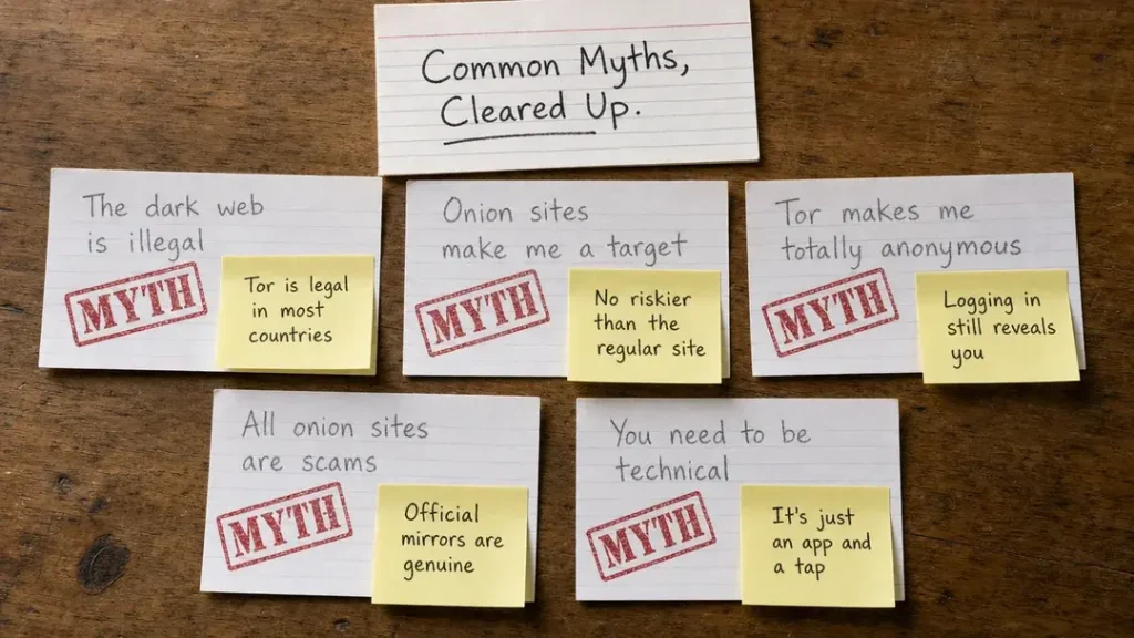 Five index cards stamped “MYTH” with sticky notes correcting common beliefs about Tor, such as that it is illegal or requires technical skill.