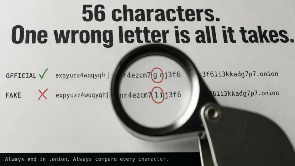 A jeweller’s loupe magnifying a single different character between an official and a fake onion address, with the caption “56 characters. One wrong letter is all it takes.”