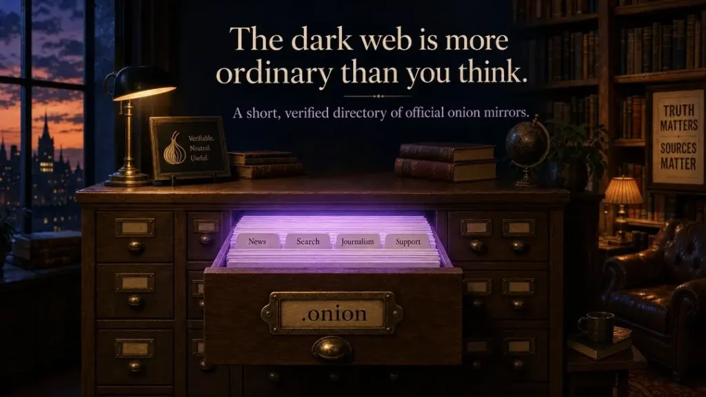 A library card catalogue with a glowing drawer labelled .onion, filed with cards for news, search and journalism, under the headline “The dark web is more ordinary than you think.”